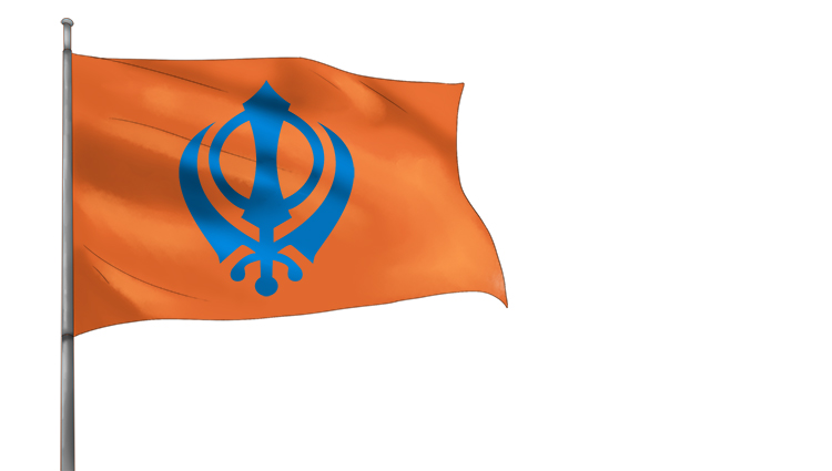 There is usually a Sikh flag with an emblem called a khanda on it. The emblem represents a vertical two-edged sword with its blade surrounded by a circle and its hilt intersected by the crossing of two single-edged swords. 